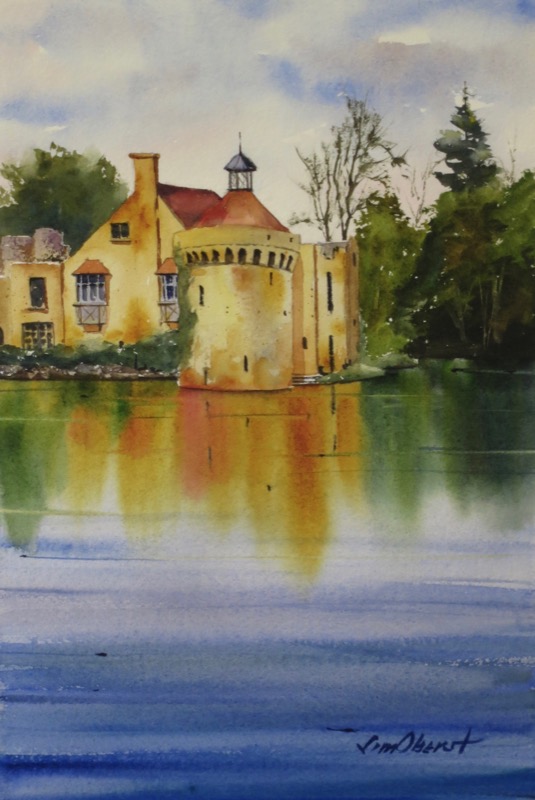 landscape, scotney, castle, uk, england, kent, national trust, english country house, gardens, tudor, oberst, painting, watercolor